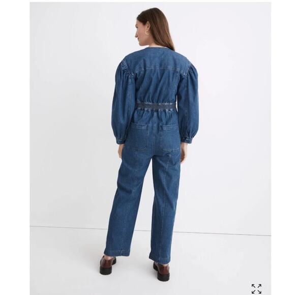Madewell Denim Straight Leg Jumpsuit Womens Size 2 Cotton Hemp Puff Sleeve Fall - Picture 2 of 7